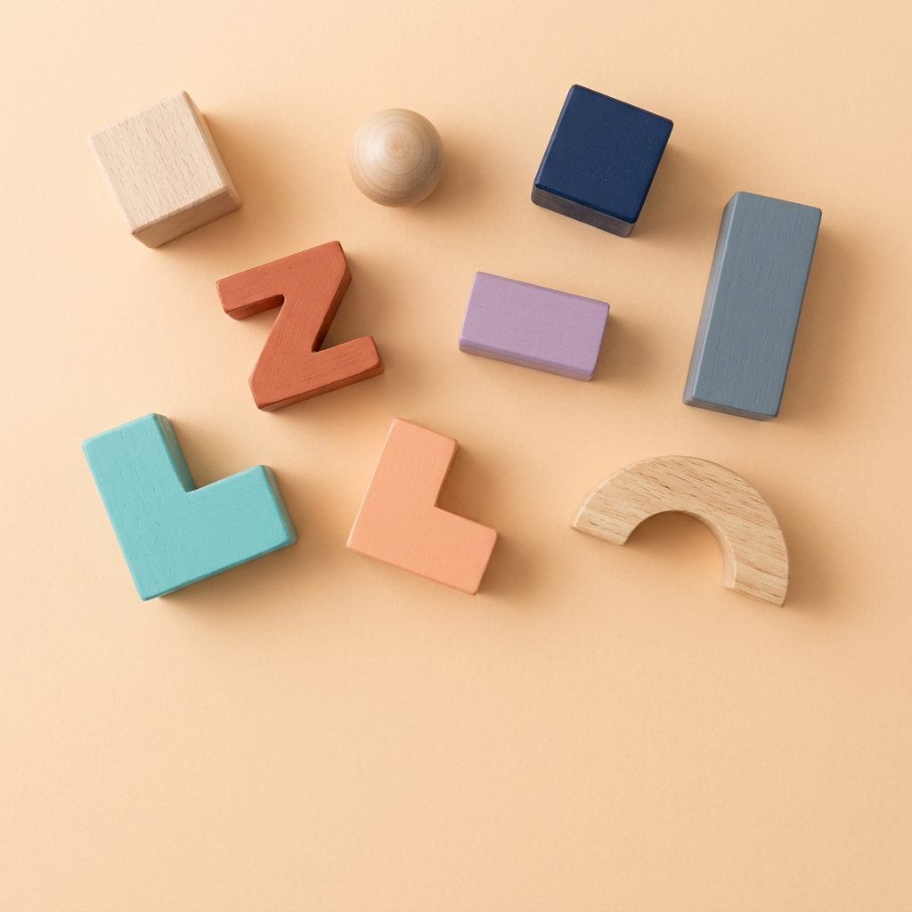 Formes en bois peint éparpillées sur un fond pêche : cube, boule, arche, blocs en L