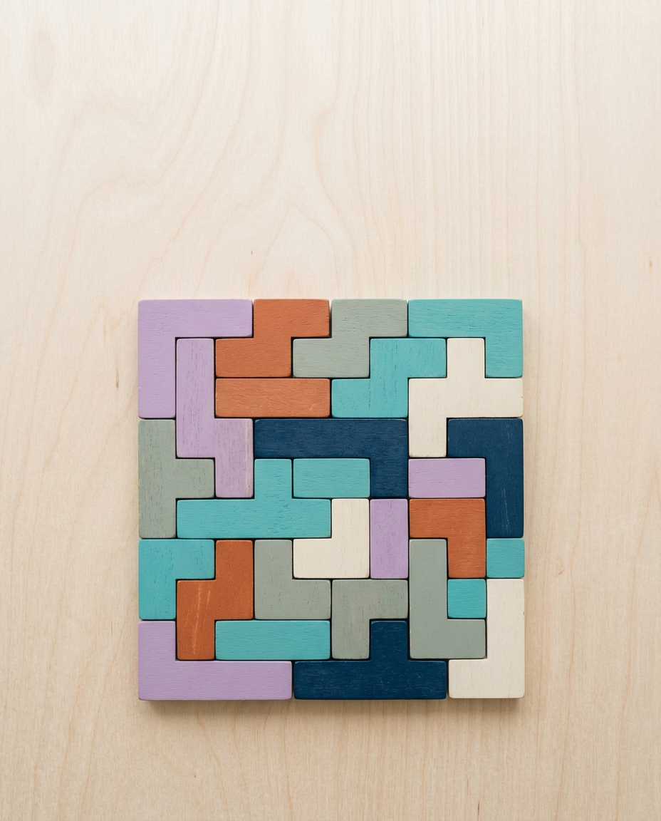 Pièces de puzzle en bois peint de plusieurs couleurs, assemblées sur une table en bouleau clair